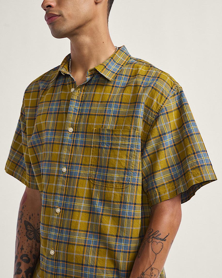 Taka Hayashi For Vault By Vans Lawson Plaid Button Up Shirt Burnt Gold Yellow Stormy Weather Blue