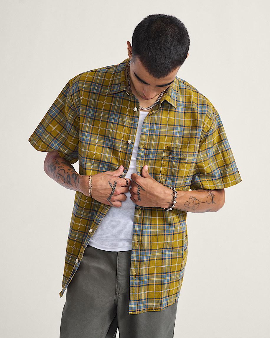 taka hayashi for vault by vans Lawson Plaid Button Up Shirt Burnt Gold Yellow Stormy Weather Blue