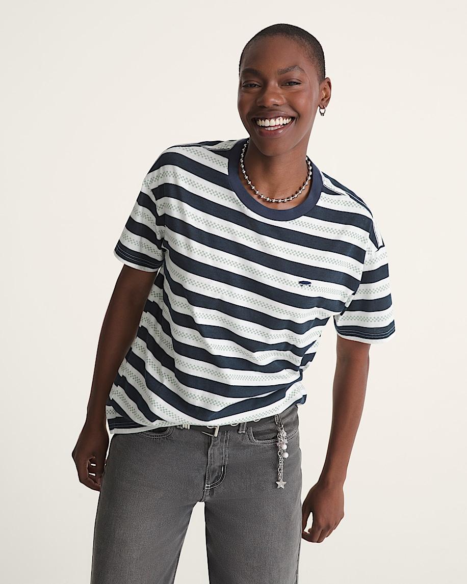 Taka Hayashi For Vault By Vans Salton Stripe Checkerboard T-Shirt Checkerboard Marshmallow White Navy Blue