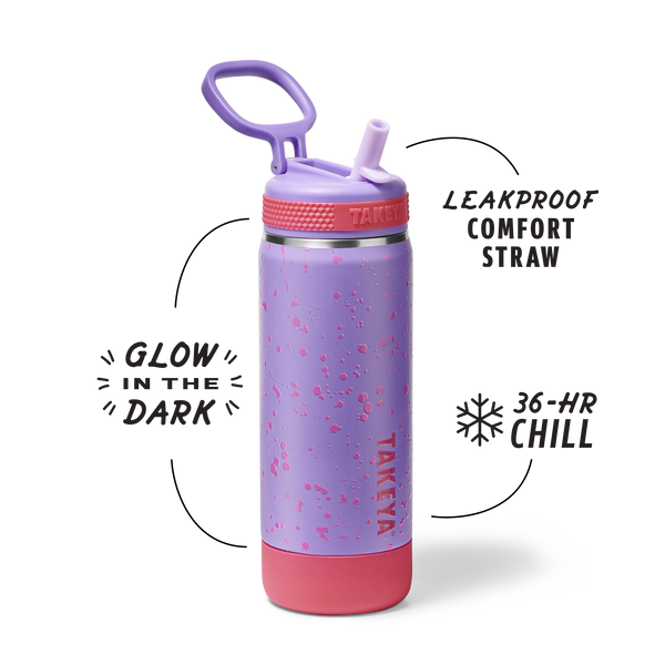 Takeya Glow In The Dark Sport Kids Water Bottle Confetti With Straw Lid