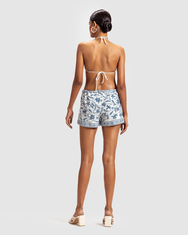 Talitha Blue On White Drawstring Linen Blend Embroidered Short
