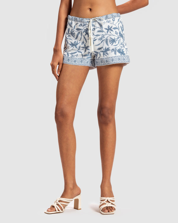 talitha Blue on White Drawstring Linen Blend Embroidered Short
