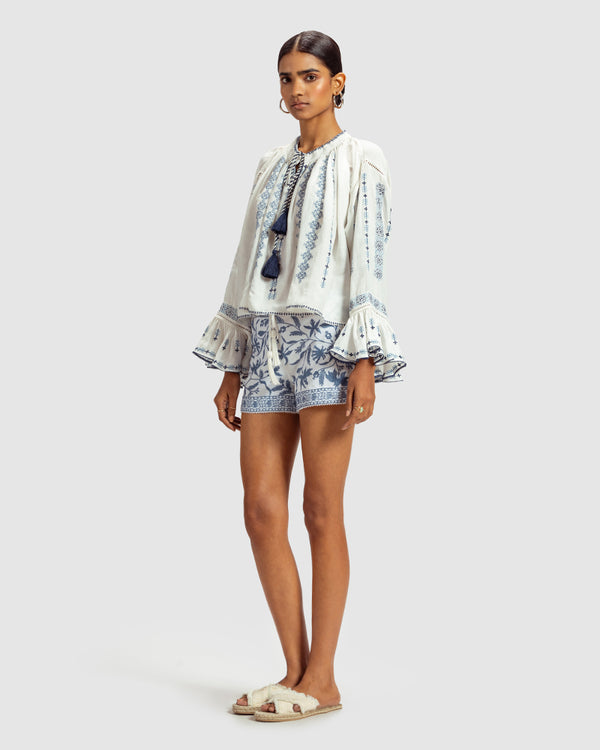 Talitha Blue On White Embroidered Linen Blend Boho Top