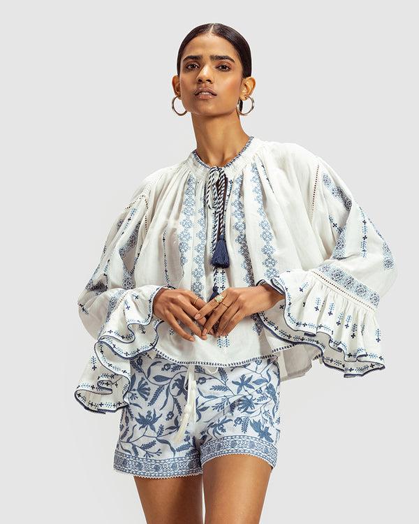Talitha Blue On White Embroidered Linen Blend Boho Top