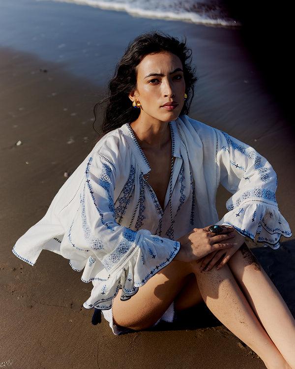 talitha Blue on White Embroidered Linen Blend Boho Top