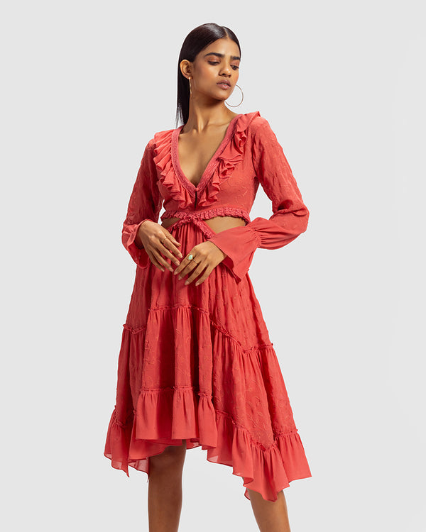 Talitha Coral Embroidered Cutout Silk Georgette Dress