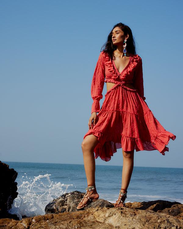 talitha Coral Embroidered Cutout Silk Georgette Dress