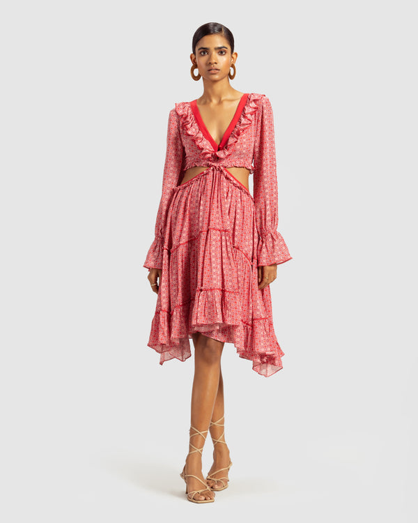 Talitha Coral Geo Print Embroidered Cutout Silk Georgette Dress