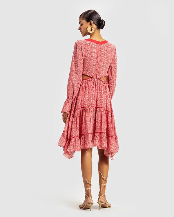 Talitha Coral Geo Print Embroidered Cutout Silk Georgette Dress