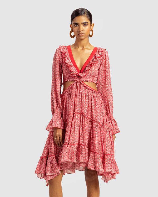 talitha Coral Geo Print Embroidered Cutout Silk Georgette Dress