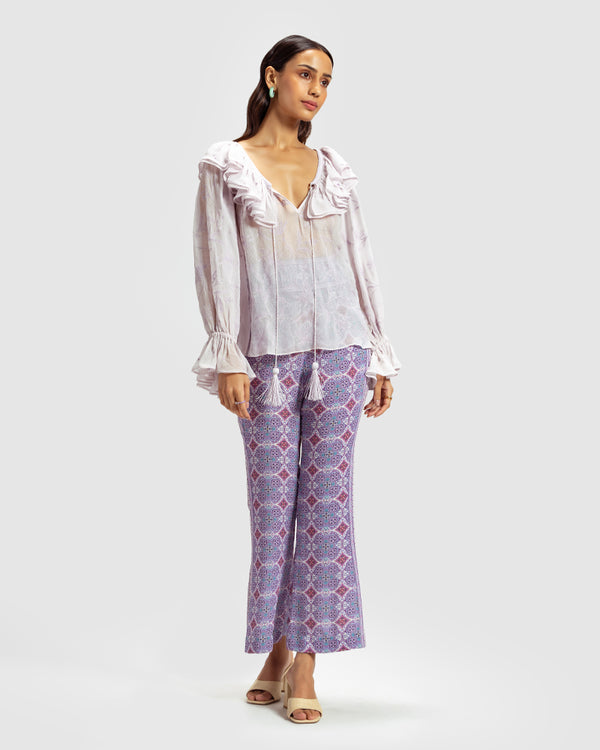 Talitha Lilac Ruffled Silk Blouse With Dori Embroidery