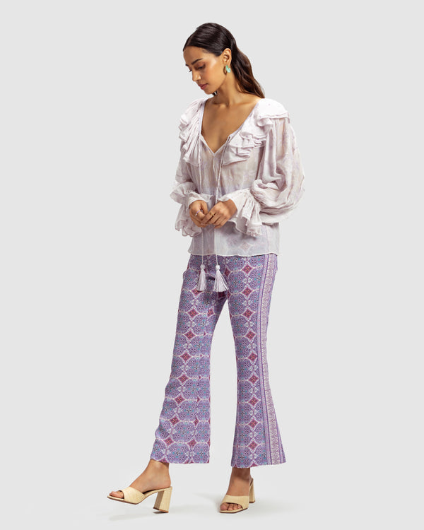 Talitha Lilac Ruffled Silk Blouse With Dori Embroidery