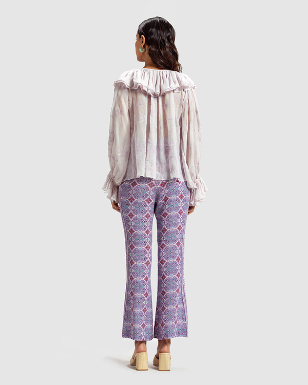 Talitha Lilac Ruffled Silk Blouse With Dori Embroidery