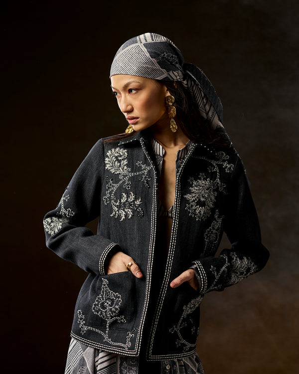 Talitha Mirella Stone Grey Hand-Embroidered Denim Jacket