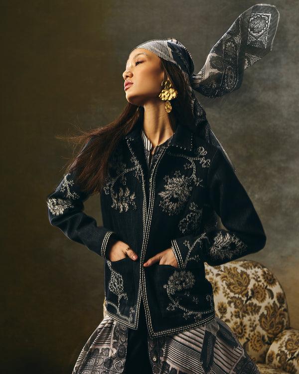 talitha Mirella Stone Grey Hand-Embroidered Denim Jacket