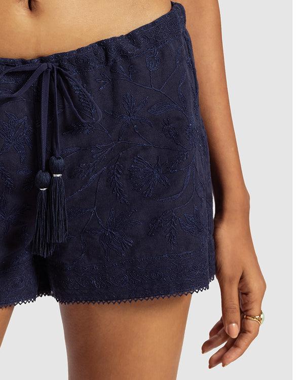 Talitha Navy Drawstring Linen Blend Embroidered Short
