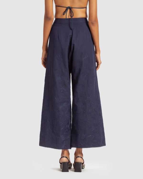 Talitha Navy Linen Palazzo Pant With Dori Embroidery