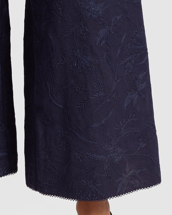 Talitha Navy Linen Palazzo Pant With Dori Embroidery