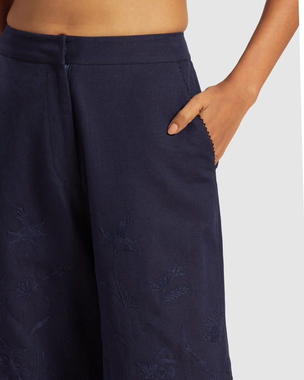 Talitha Navy Linen Palazzo Pant With Dori Embroidery
