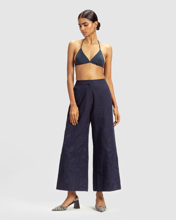 talitha Navy Linen Palazzo Pant With Dori Embroidery