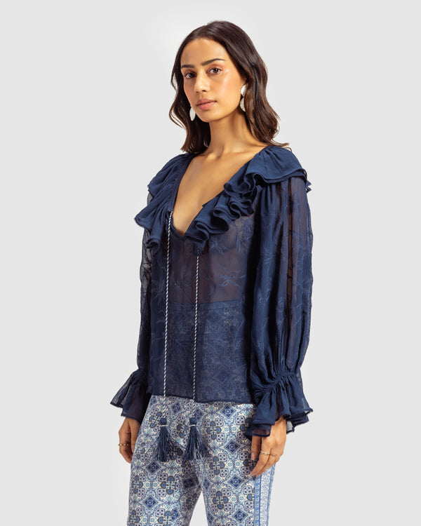 Talitha Navy Ruffled Silk Blouse With Dori Embroidery