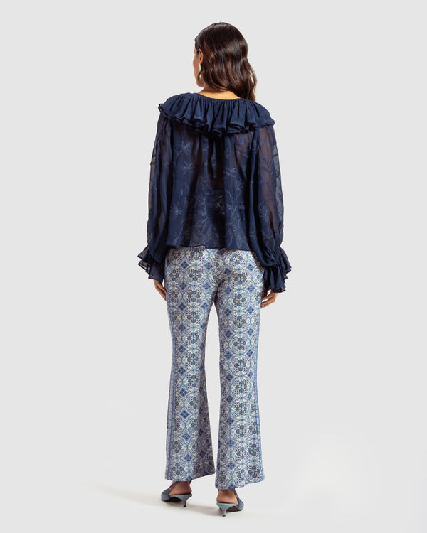 Talitha Navy Ruffled Silk Blouse With Dori Embroidery