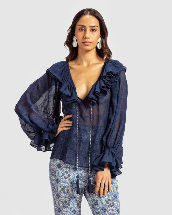 talitha Navy Ruffled Silk Blouse With Dori Embroidery