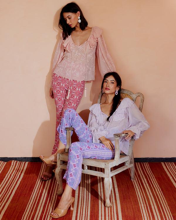 Talitha Pink Ruffled Silk Blouse With Dori Embroidery