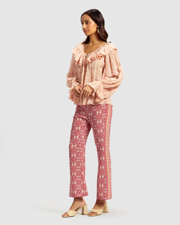 Talitha Pink Ruffled Silk Blouse With Dori Embroidery