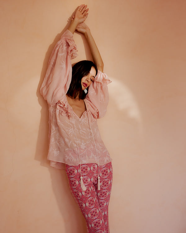 talitha Pink Ruffled Silk Blouse With Dori Embroidery