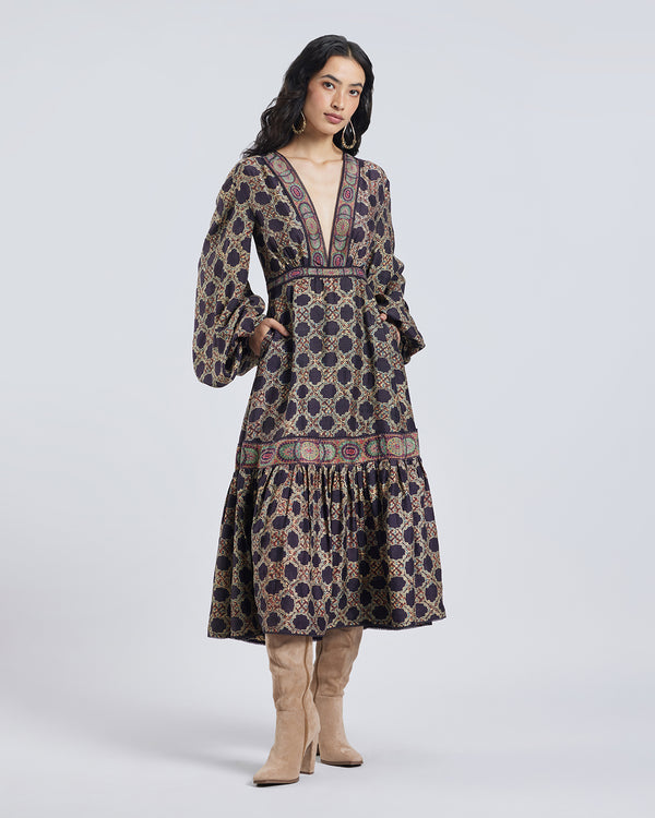 Talitha Ajrakh Print Gathered Silk Dress