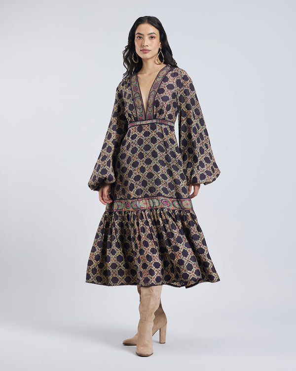 Talitha Ajrakh Print Gathered Silk Dress