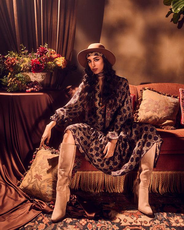 talitha Ajrakh Print Gathered Silk Dress