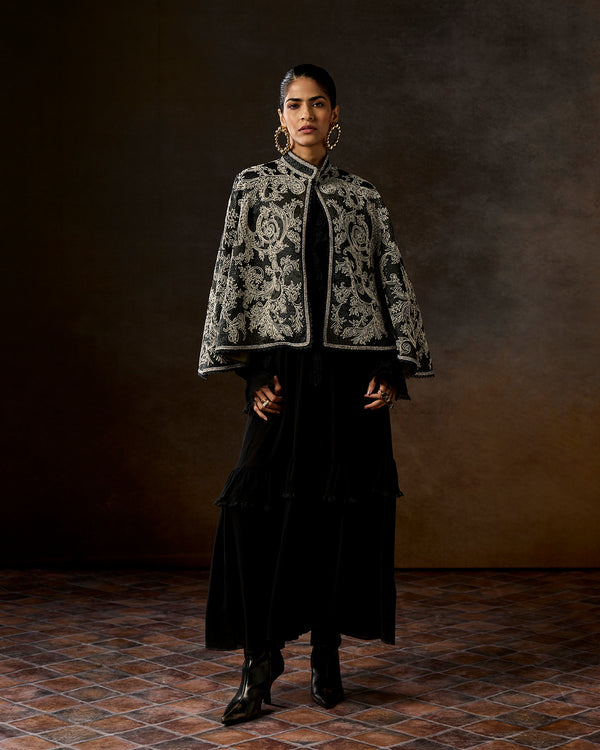 Talitha Amori Charcoal Green Dori Embroidered Cape