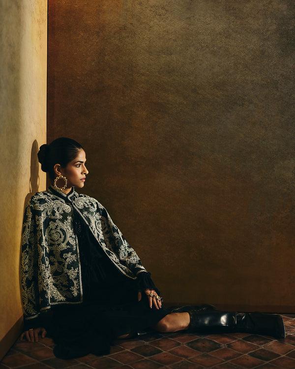 talitha Amori Charcoal Green Dori Embroidered Cape