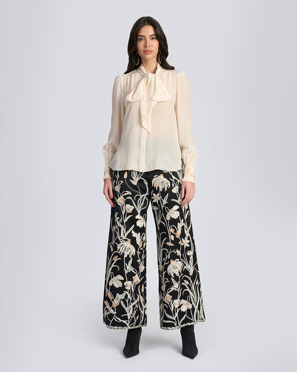 Talitha Beige Embroidered Scarf Neck Silk Blouse