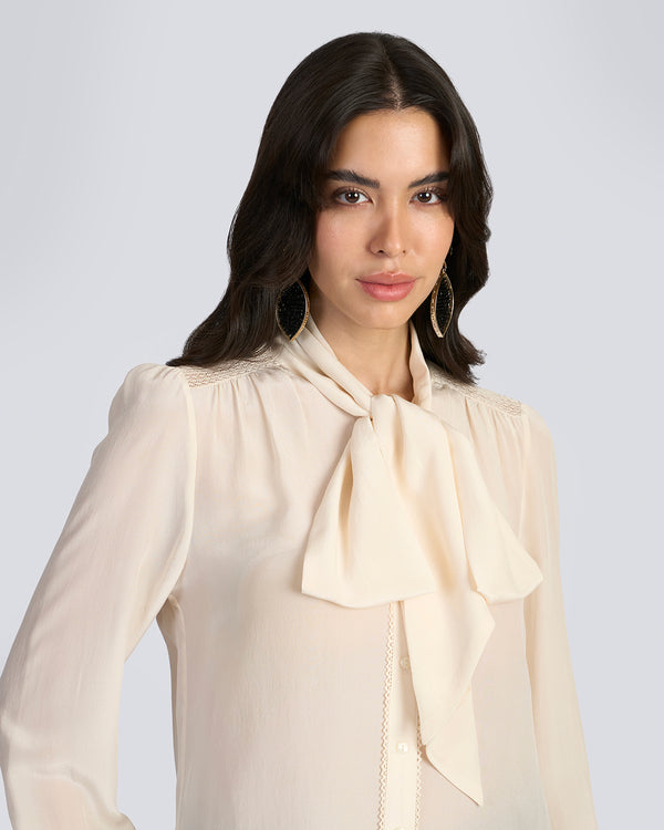 Talitha Beige Embroidered Scarf Neck Silk Blouse