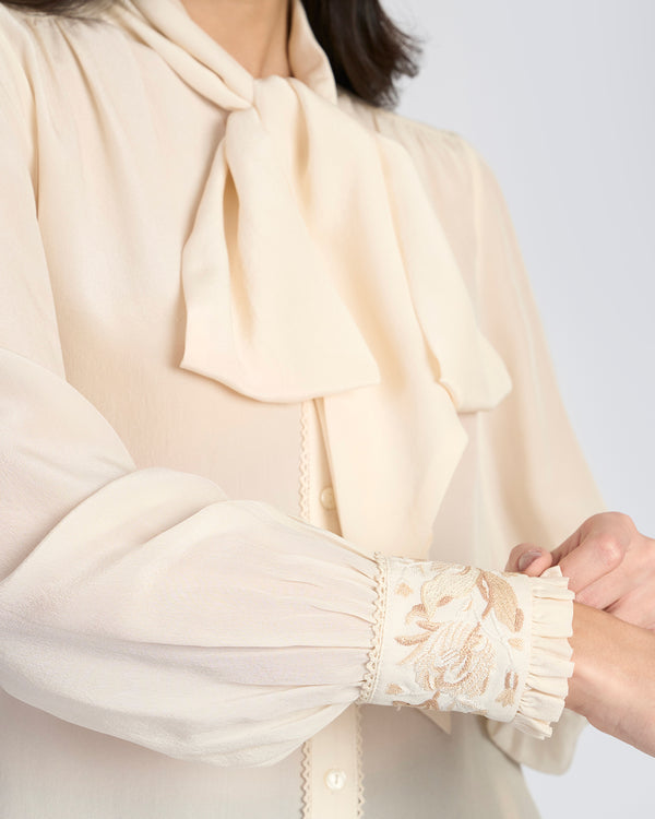 Talitha Beige Embroidered Scarf Neck Silk Blouse