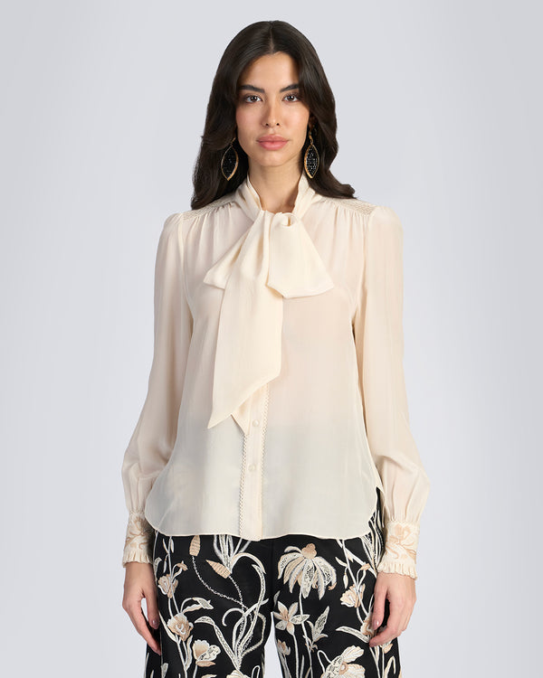 talitha Beige Embroidered Scarf Neck Silk Blouse