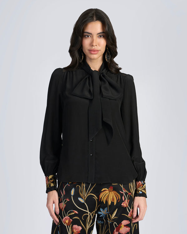 Talitha Black Embroidered Scarf Neck Silk Blouse