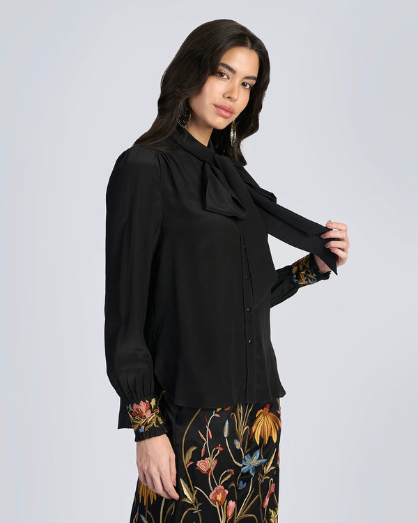 Talitha Black Embroidered Scarf Neck Silk Blouse