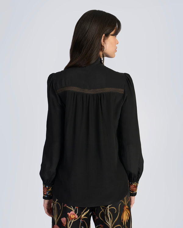 Talitha Black Embroidered Scarf Neck Silk Blouse