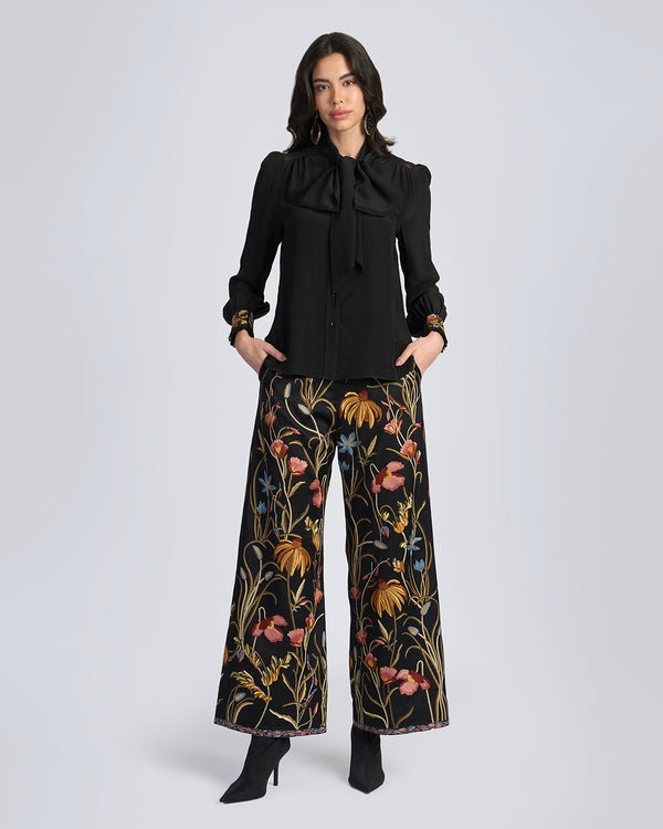 talitha Black Embroidered Scarf Neck Silk Blouse