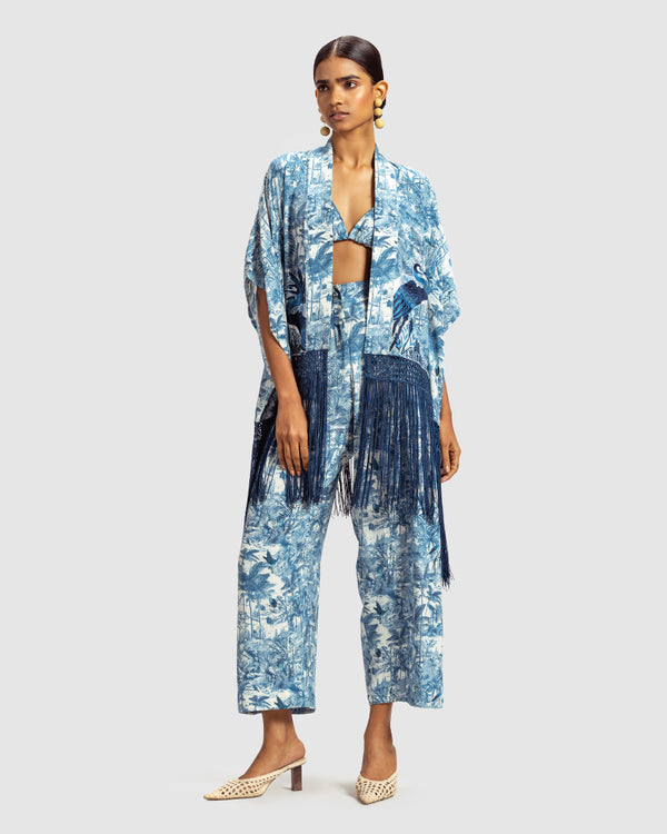 Talitha Blue Gara Embroidered Tropical Print Shrug
