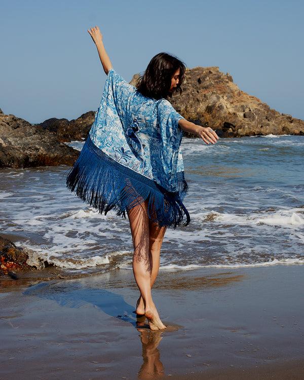 talitha Blue Gara Embroidered Tropical Print Shrug