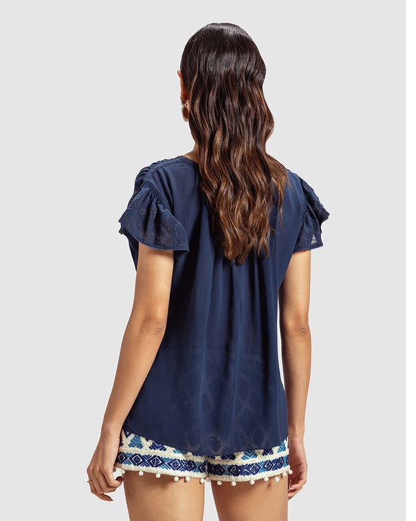 Talitha Blue Gathered Silk Georgette Top