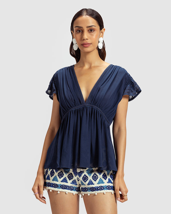 talitha Blue Gathered Silk Georgette Top