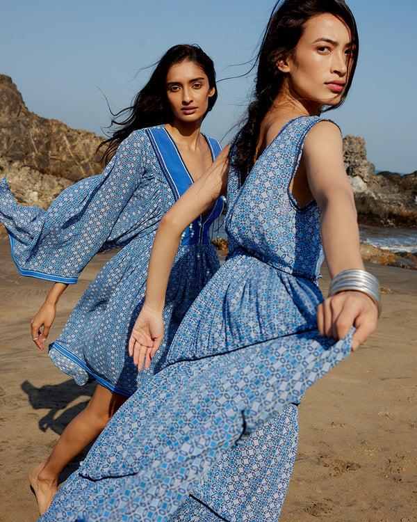 Talitha Blue Geo Print Gathered Silk Dress