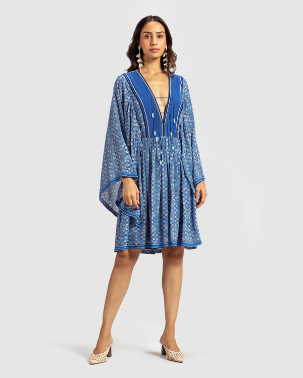 Talitha Blue Geo Print Gathered Silk Dress