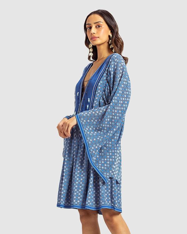 Talitha Blue Geo Print Gathered Silk Dress